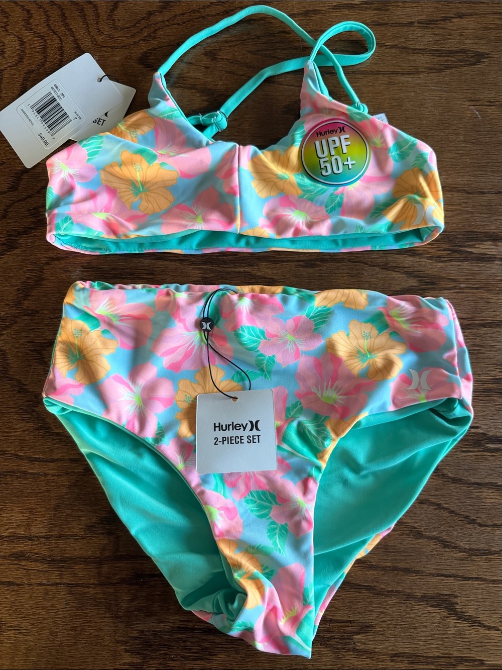 Hurley Girls' Turquoise Floral 2-Piece Swim Set